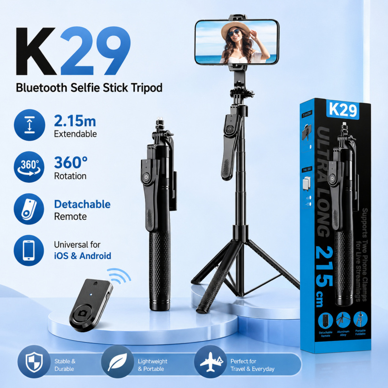 Action Camera Selfie Stick Invisible - 2M Bluetooth Selfie Stick Tripod with