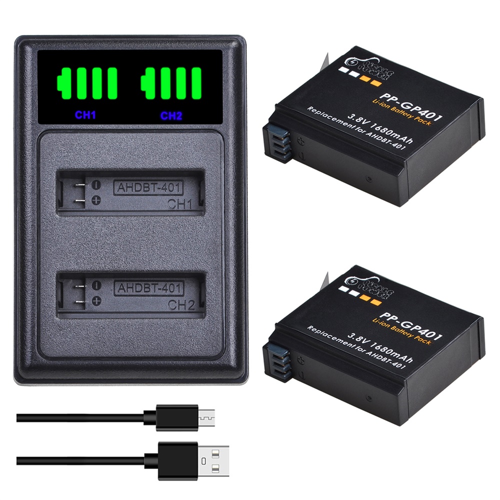 Action Camera Battery Charger Dual Pack - 1680mAh AHDBT-401 Battery for Gopro Hero