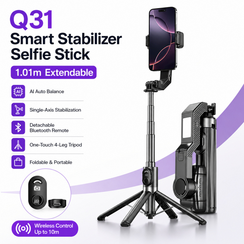Action Camera Selfie Stick Invisible - Single-Axis Phone Gimbal Stabilizer, Anti-Shake Extendable