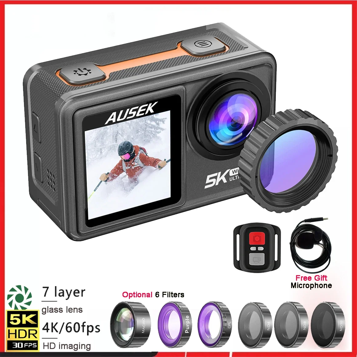 Action Camera 4K 60Fps Dual Screen - Action Camera Removable Filter 6 Lens